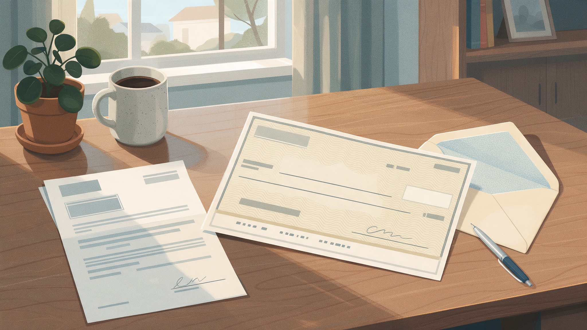 A stack of settlement claim documents and a check on a desk