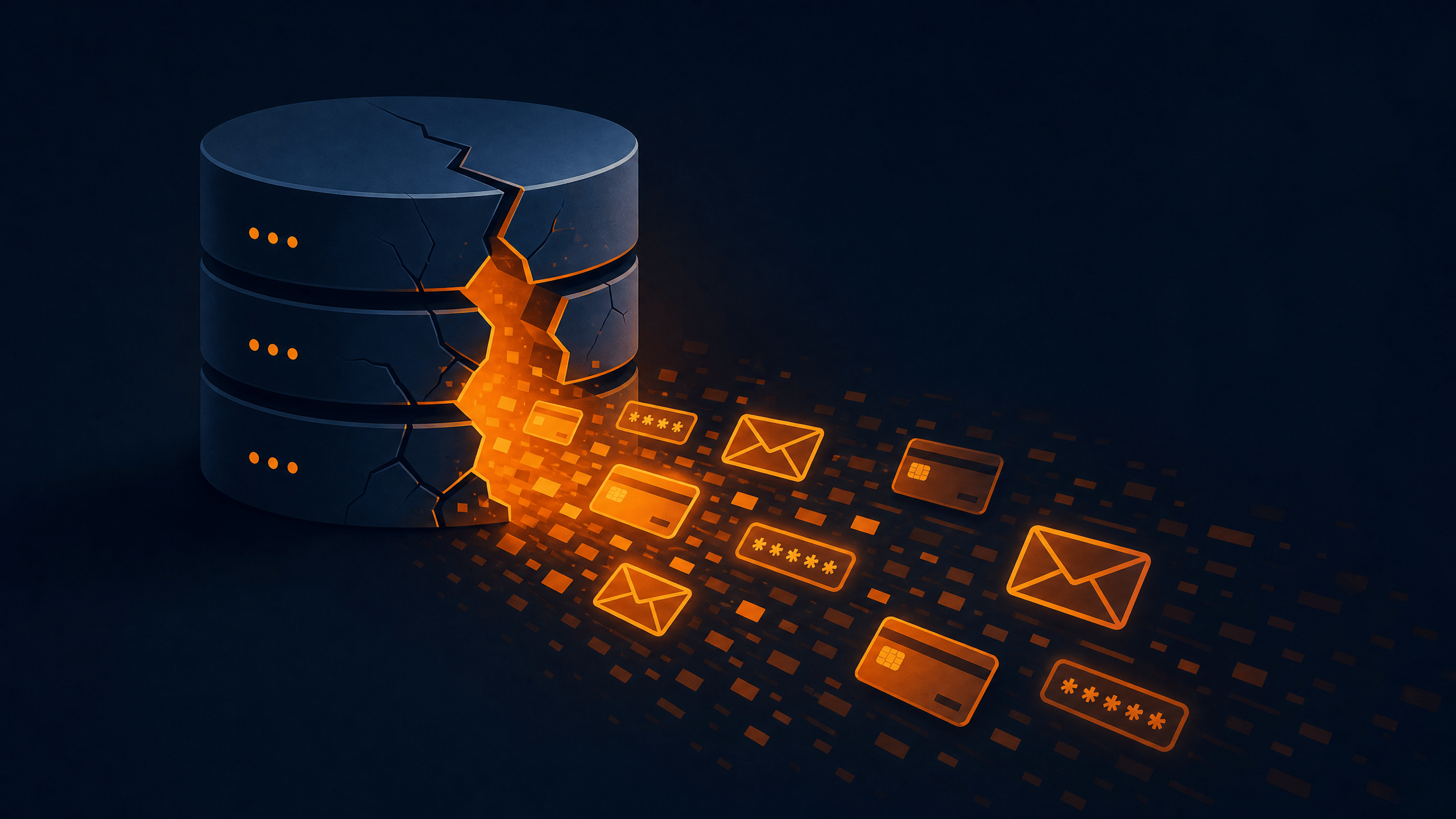 A cracked database leaking exposed passwords, emails, and card data