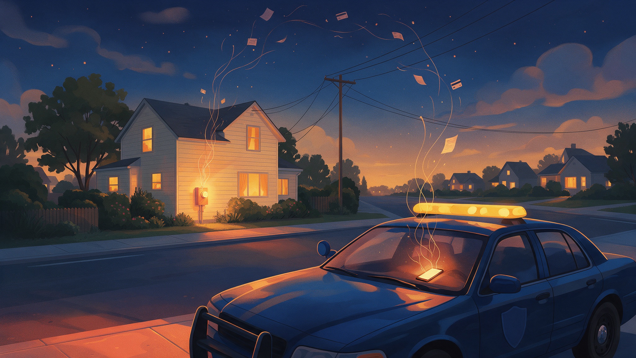 A police car parked on a suburban street at dusk with a phone glowing on its dashboard, and a house across the street with a lit utility meter, both sending thin threads of cards and papers into the sky