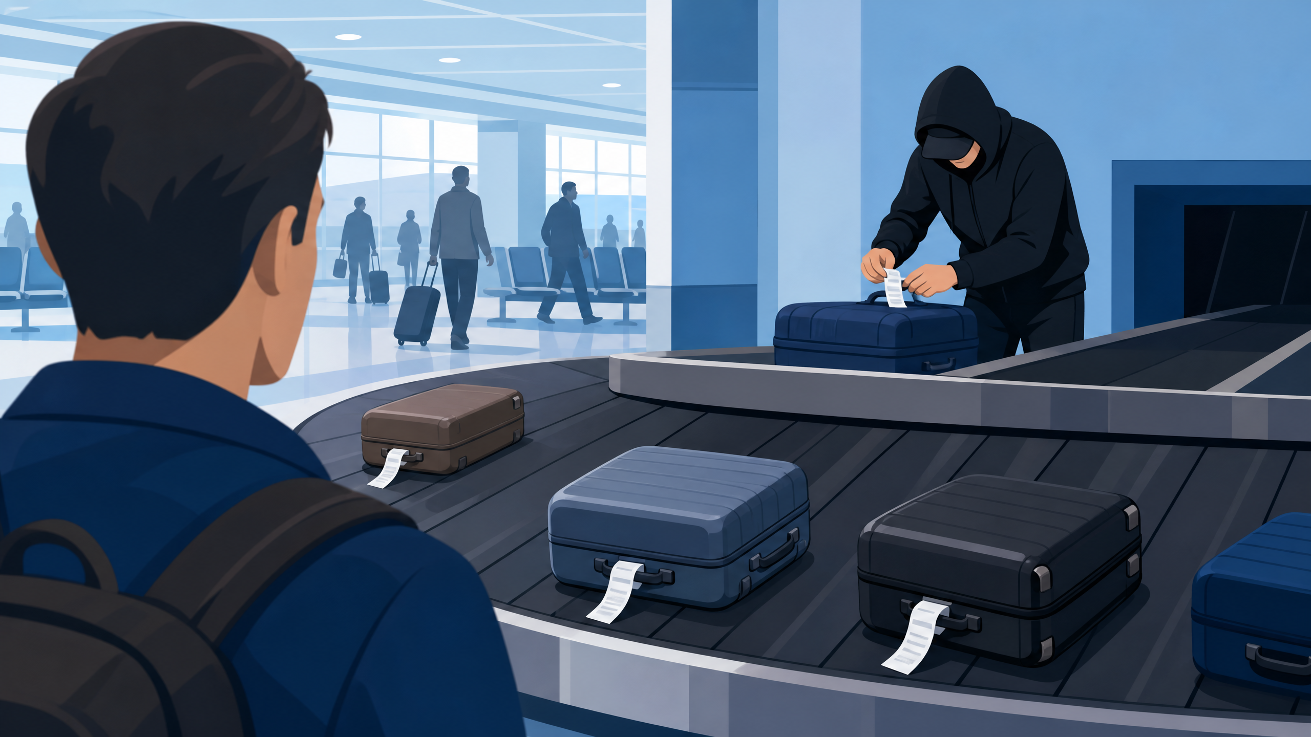 A suspicious figure switching a luggage tag at an airport baggage carousel