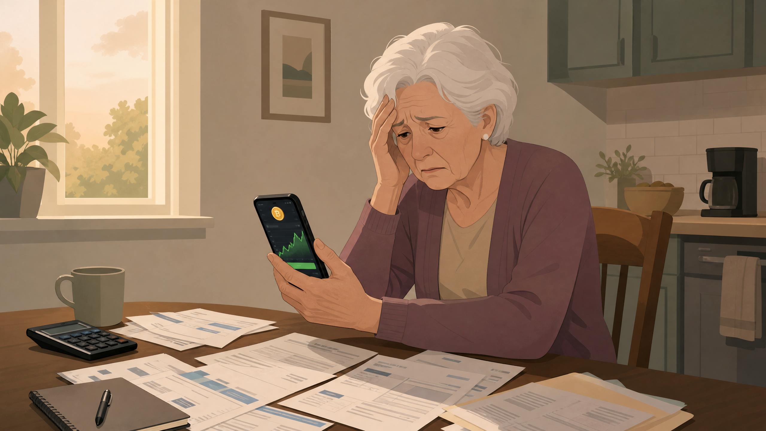 An elderly woman looking distressed while holding her phone with a fake crypto app