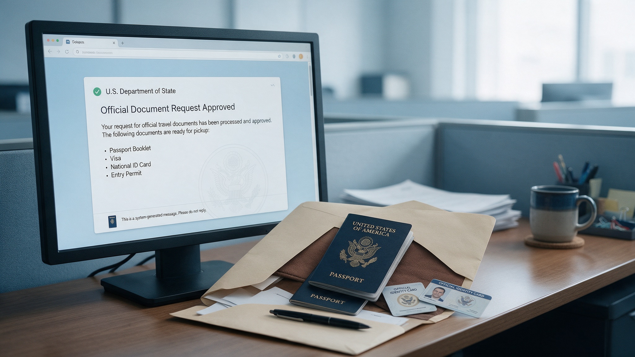 A computer screen showing a fake official government approval message next to real passports and ID cards released in a folder